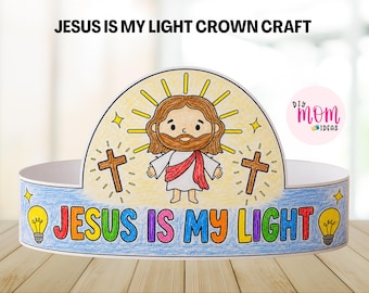 Jesus Is My Light Paper Crown Craft Printable Bible Craft, Let Your Light Shine VBS Illumination Coloring Craft Activity Sunday School Craft