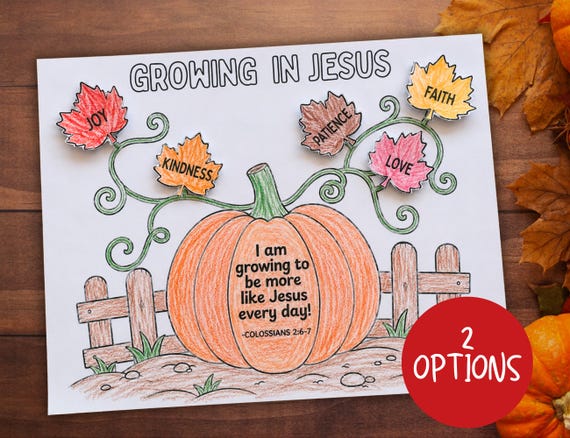 Growing In Jesus Fall Craft For Kids, Christian Pumpkin Craft, Sunday School Activity, Church Bible Craft, Preschool Coloring Cut & Paste