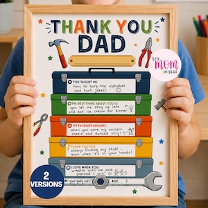 May include: A framed print titled THANK YOU DAD featuring a stack of five colorful toolboxes. Each toolbox contains a prompt with handwritten text about memories and appreciation for a father figure, surrounded by illustrations of various hand tools.