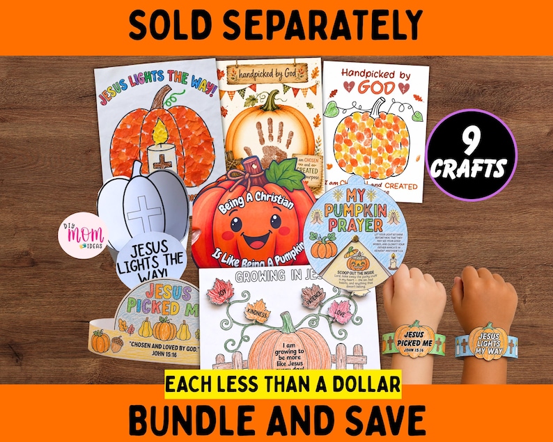 K&ouml;nnte beinhalten: Eine Sammlung von neun Bastelaktivit&auml;ten zum Thema christlicher K&uuml;rbis, bestehend aus bedruckten Papiervorlagen mit Illustrationen von K&uuml;rbissen, Bl&auml;ttern und Texten wie Jesus Lights The Way, My Pumpkin Prayer und Jesus Picked Me, sowie zwei Papierarmb&auml;ndern.