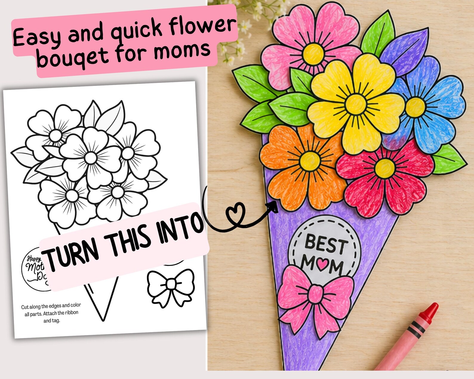Easy Mother's Day Flower Bouquet Craft Printable Last Minute, Paper ...