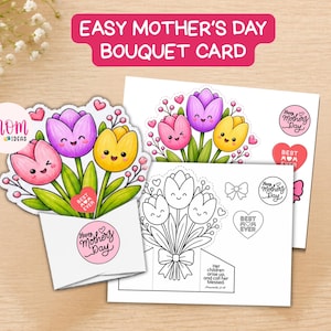 Può includere: Biglietto per la festa della mamma con un design a bouquet di tulipani rosa, viola e gialli. Il biglietto include il testo "Easy Mother's Day Bouquet Card" e "Happy Mother's Day". È presente anche un cuore "Best Mom Ever".