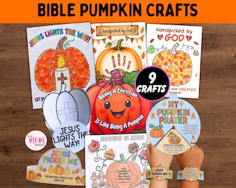 May include: A collection of nine Bible-themed pumpkin craft activity sheets and paper projects featuring colorful illustrations, religious text, and pumpkin motifs. The set includes printable pages with phrases like Jesus Lights The Way and My Pumpkin Prayer.