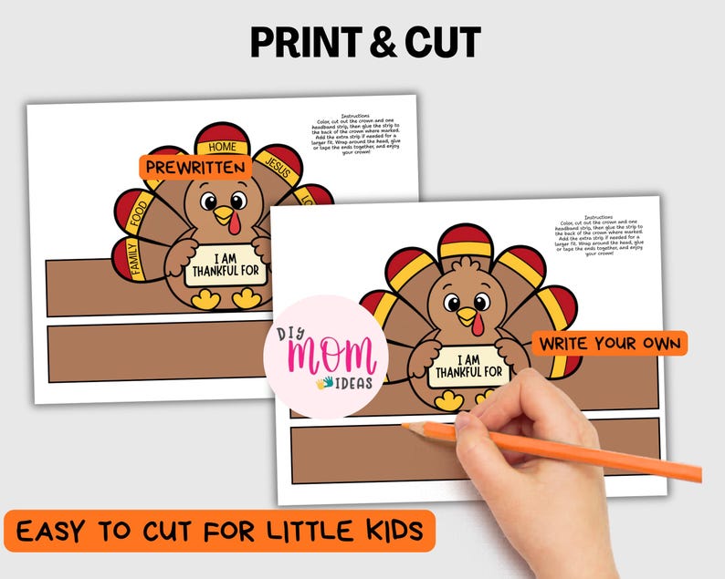 I Am Thankful Turkey Crown Craft Template, Printable Turkey Headband ...