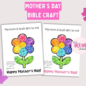 May include: Two white cards with colorful flower designs, text that reads "My mom is God's gift to me", and "Happy Mother's Day!". The cards are for a Mother's Day Bible craft. The top banner says "Mother's Day Bible Craft".
