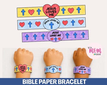 May include: Three paper bracelets featuring hand-colored designs with blue crosses and red hearts. The top band is yellow with a heart-shaped center, the middle is light blue with an oval center, and the bottom is purple with an oval center.