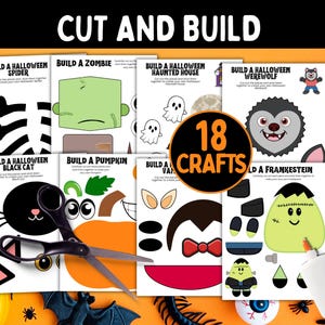 May include: A collection of printable Halloween craft activity sheets featuring cut-out designs for a spider, zombie, haunted house, werewolf, black cat, pumpkin, vampire, and Frankenstein, with the text CUT AND BUILD and 18 CRAFTS.