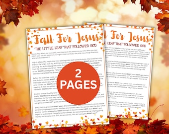 May include: Two printed pages titled Fall For Jesus: The Little Leaf That Followed God, featuring a story about a leaf named Autumn. The pages have orange maple leaf borders and a large orange circle in the center with the text 2 PAGES.