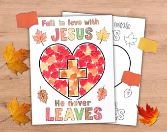 May include: Two white paper activity sheets featuring the text Fall in love with JESUS He never LEAVES. One sheet displays a heart filled with red, orange, and yellow paper scraps and a central cross, surrounded by colorful autumn leaf illustrations.