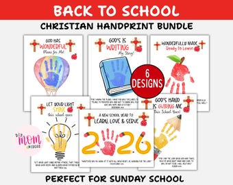 May include: A digital bundle of six Christian handprint art designs for back to school. Each page features religious text, a cross, an apple, and a space for a handprint. Graphics include a hot air balloon, a book, a lightbulb, and pencils.