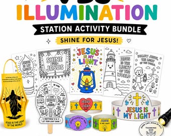 May include: A VBS Illumination Station Activity Bundle featuring coloring pages, a paper lantern, a spinner craft, paper crowns, bracelets, and a worksheet. The items display text including Jesus Is My Light, Shine For Jesus, and Thanking God.