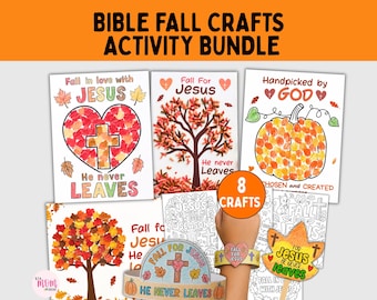 May include: A Bible Fall Crafts Activity Bundle featuring multiple printable sheets with autumn themes, including a heart with a cross, a tree, and a pumpkin. The text includes 'BIBLE FALL CRAFTS ACTIVITY BUNDLE', 'Fall in love with JESUS', 'Fall For Jesus', 'Handpicked by GOD', and '8 CRAFTS'.