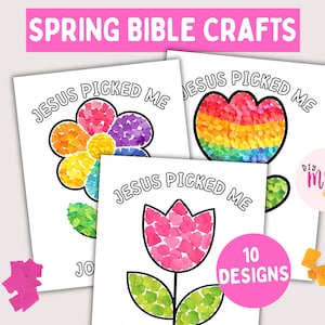 May include: Three white paper designs with the text "JESUS PICKED ME" and colourful floral illustrations. The top banner reads "SPRING BIBLE CRAFTS". A pink circle reads "10 DESIGNS". A small pink circle reads "DIY mom IDEAS".