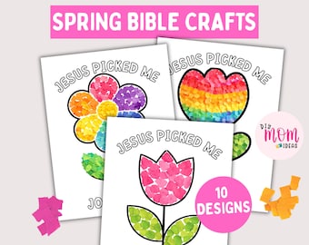 May include: Three white paper designs with the text "JESUS PICKED ME" and colorful floral illustrations. The top banner reads "SPRING BIBLE CRAFTS". A pink circle reads "10 DESIGNS". A small pink circle reads "DIY mom IDEAS".