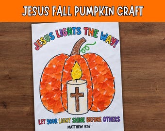 May include: A paper craft project featuring a pumpkin outline filled with orange tissue paper squares. A central candle illustration displays a brown cross. Text reads: JESUS LIGHTS THE WAY! LET YOUR LIGHT SHINE BEFORE OTHERS MATTHEW 5:16.