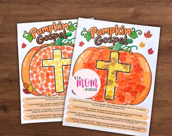 May include: Two Pumpkin Gospel activity sheets featuring a large orange pumpkin illustration with a central cross. The sheets include the text Pumpkin Gospel, four numbered steps, and colorful autumn leaves. One sheet uses fingerprint art.