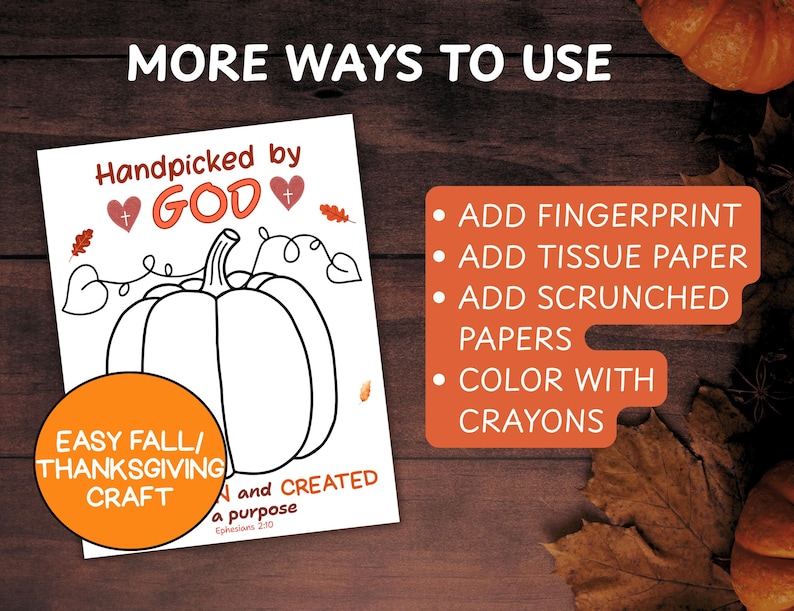 K&ouml;nnte beinhalten: Ein wei&szlig;es Bastelblatt mit dem schwarzen Umriss eines K&uuml;rbisses und dem Text Handpicked by GOD sowie Ephesians 2:10. Ein orangefarbener Kreis zeigt EASY FALL/THANKSGIVING CRAFT. Eine Liste schl&auml;gt das Hinzuf&uuml;gen von Fingerabdr&uuml;cken oder Papier vor.