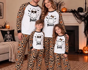 Personalized Cute Ghost Pajamas, Leopard Print Matching PJs, Halloween Pajama Set for Adults & Kids, Custom Name Family Sleepwear