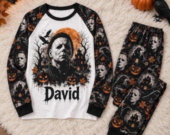 Personalized Michael Myers Pajama Set, Vintage Halloween Matching PJs, Custom Name Horror Movie Sleepwear, Spooky Season Gift