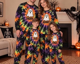 Personalized Halloween Family Pajamas, Cute Ghost Matching PJs, Tie Dye Print Sleepwear, Custom Name Pajama Set, Spooky Gift
