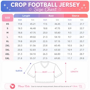 May include: A size chart for a crop football jersey with a pink and blue gradient header. The table lists sizes XS through 5XL with length, bust, and sleeve measurements in inches and centimeters. A line drawing of a jersey shows measurement points.