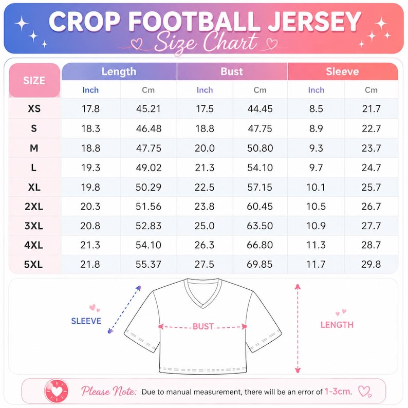 May include: A size chart for a crop football jersey with a pink and blue gradient header. The table lists sizes XS through 5XL with length, bust, and sleeve measurements in inches and centimeters. A line drawing of a jersey shows measurement points.