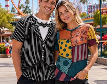 Jack And Sally Inspired Costume T-Shirt, Halloween Couple Cosplay Shirt, Matching Outfit, Theme Park Vacation Tee, Halloween Gift