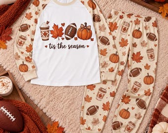 T Is The Season Fall Pajama Set, Coffee Pumpkin Football PJs, Thanksgiving Pajamas, Cozy Autumn Sleepwear, Fall Lounge Set