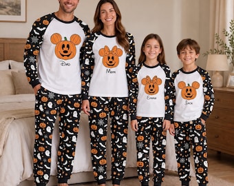 Custom Mouse Pumpkin Family Pajamas, Matching Halloween PJs, Spooky Mouse Sleepwear, Personalized Holiday Loungewear Set, Kids Adults