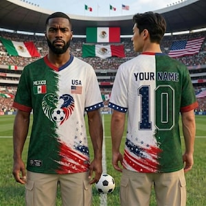 May include: A split-design football shirt featuring a green side with the Mexico flag and a white side with the USA flag. The front displays a heart-shaped graphic with a football. The back features the text YOUR NAME and the number 10.
