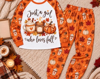Just a Girl Who Loves Fall Pajamas, Autumn Pumpkin PJs, Cozy Thanksgiving Sleepwear, Pumpkin Lounge Set, Gift for Her