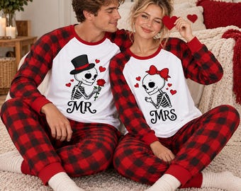 Halloween Skull Couple Pajama Set, Personalized His Hers PJs, Mr Mrs Pajamas, Red Buffalo Plaid Sleepwear, Gift for Couples