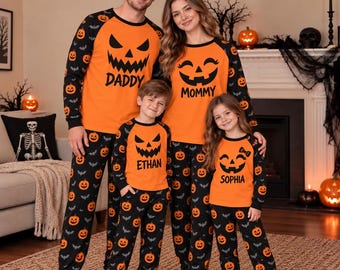 Personalized Pumpkin Face Family Pajamas, Matching Halloween PJs, Custom Name Sleepwear, Spooky Matching Pajamas