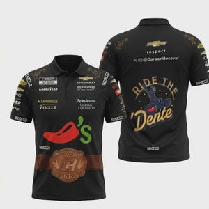 May include: Black polo shirt featuring logos for NASCAR, Chevrolet, and Chili's. The front displays a red chili pepper and the text "Chili's". The back has a graphic with the text "Ride the Dente".