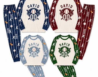 Custom Baseball Family Pajamas Set, Personalized Name Number Matching PJs, Sports Fan Sleepwear, Boys Baseball Raglan Set