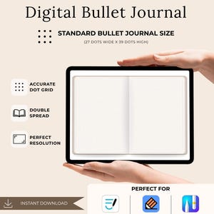 Puede incluir: Un diario de puntos digital mostrado en una pantalla de tableta con un diseño de cuadrícula de puntos en blanco y una doble página. El texto incluye "Digital Bullet Journal", "Standard Bullet Journal Size (27 dots wide x 39 dots high)", "Accurate Dot Grid", "Double Spread", "Perfect Resolution" e "Instant Download".