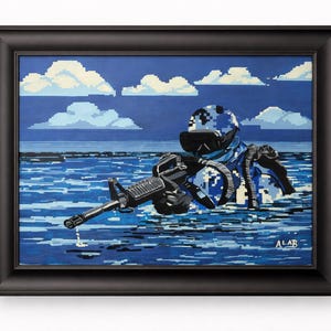 Rendered – Original Military Painting, Tactical Ocean Scene Wall Art, Contemporary Conceptual Artwork, Pixel Style Soldier Painting