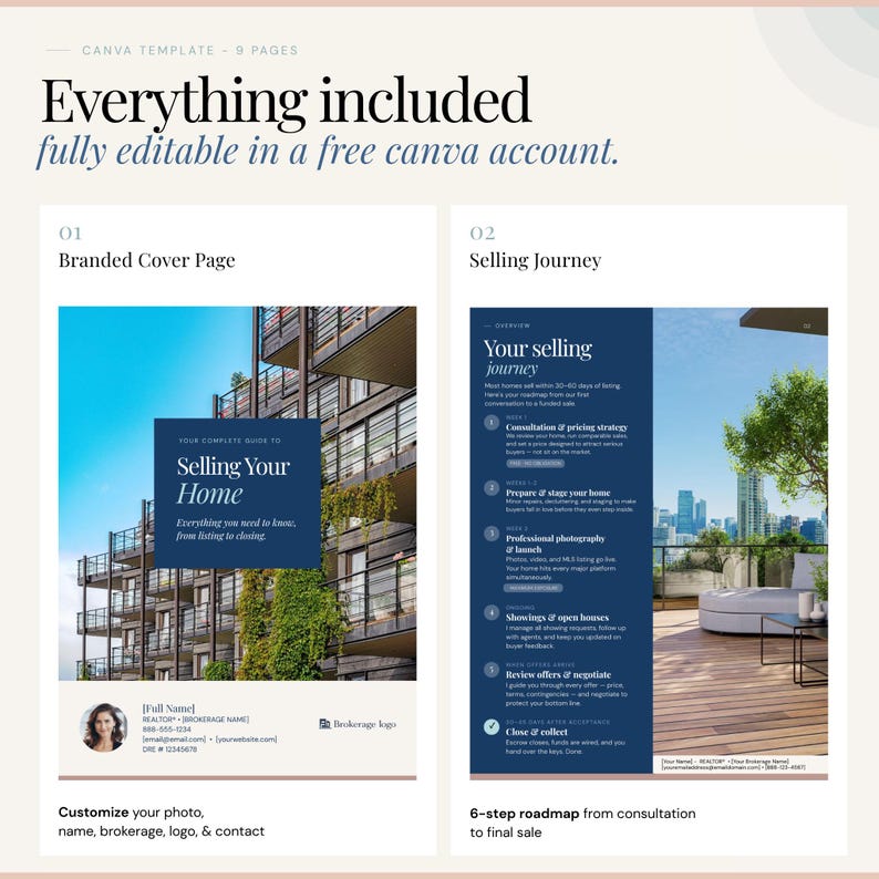 K&ouml;nnte beinhalten: Eine Canva-Vorlage mit 9 Seiten, die einen Immobilienratgeber mit dem Titel "Selling Your Home" zeigt. Die Vorlage enth&auml;lt eine Marken-Titelseite und eine Roadmap f&uuml;r den Verkaufsprozess mit dem Text "Everything included fully editable in a free Canva account."