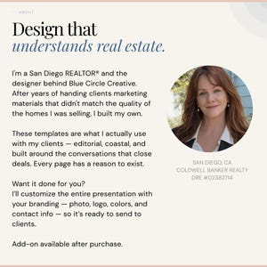 K&ouml;nnte beinhalten: Text auf cremefarbenem Hintergrund: "Design, das Immobilien versteht." Ein Portr&auml;t einer Frau mit rotbraunem Haar in einem Kreis. Text darunter: "San Diego, CA, Coldwell Banker Realty, DRE #02382714."