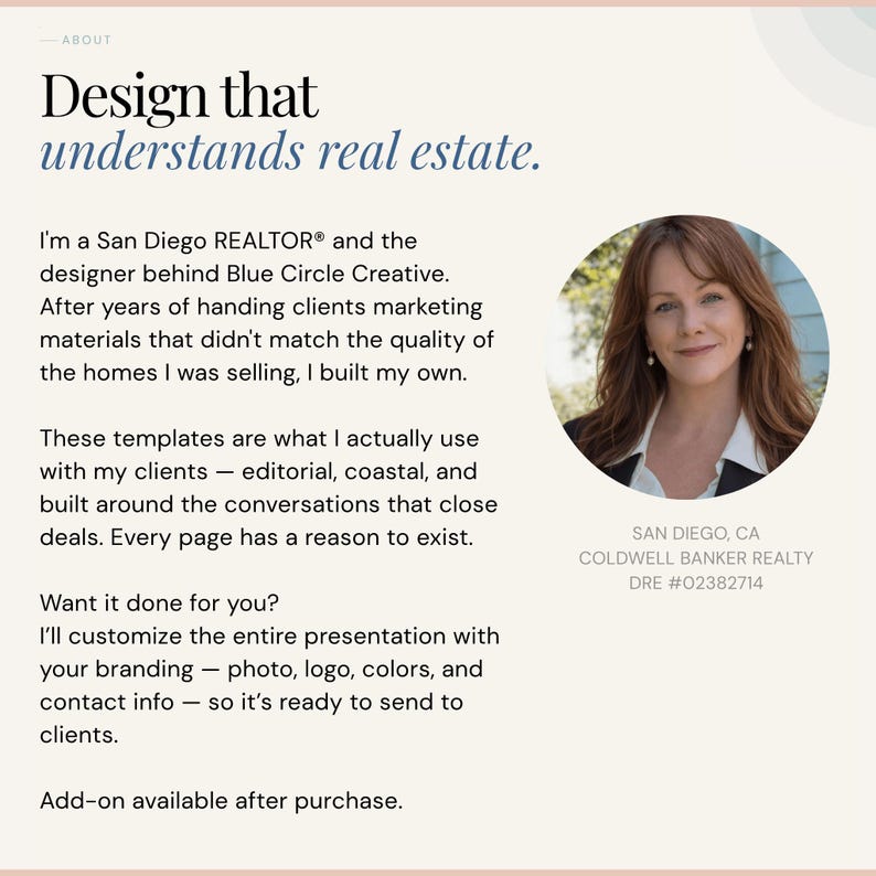 K&ouml;nnte beinhalten: Text auf cremefarbenem Hintergrund: "Design, das Immobilien versteht." Ein Portr&auml;t einer Frau mit rotbraunem Haar in einem Kreis. Text darunter: "San Diego, CA, Coldwell Banker Realty, DRE #02382714."