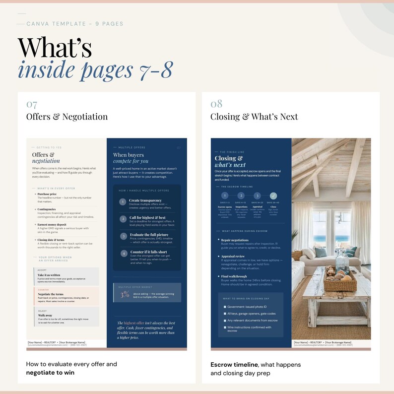 K&ouml;nnte beinhalten: Eine Canva-Vorlage mit dem Text "What's inside pages 7-8". Die Seiten behandeln Angebote und Verhandlungen sowie den Abschluss und was als N&auml;chstes kommt. Die Seiten haben einen dunkelblauen Hintergrund mit wei&szlig;em Text und Grafiken. Das Bild zeigt ein Wohnzimmer mit Tisch und Korb.