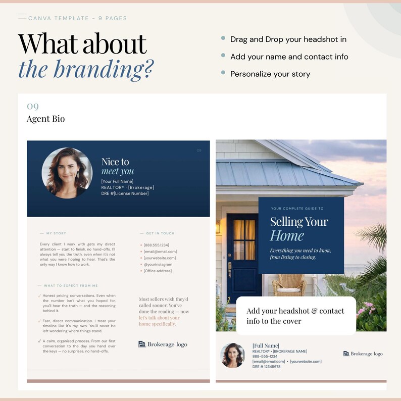 K&ouml;nnte beinhalten: Eine Canva-Vorlage f&uuml;r Immobilien-Branding mit dem Text "What about the branding?" und "Agent Bio." Enth&auml;lt Abschnitte f&uuml;r ein Foto, Kontaktinformationen und einen Leitfaden zum Verkauf eines Hauses. Das Design ist sauber und professionell.