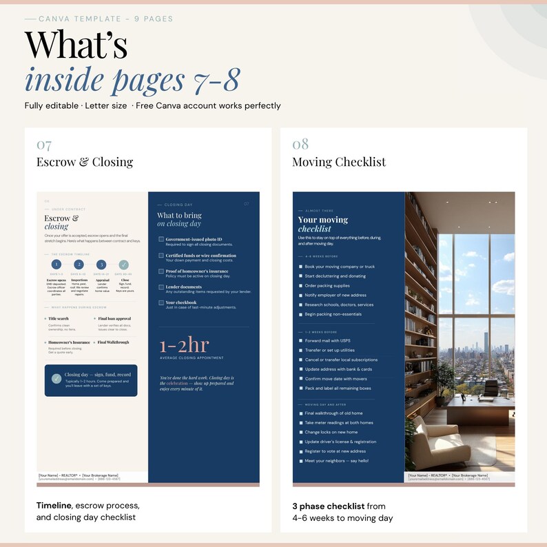 K&ouml;nnte beinhalten: Canva-Vorlage mit den Seiten 7-8, mit einer Checkliste f&uuml;r Treuhand und Abschluss sowie einer Umzugs-Checkliste. Die Vorlage ist vollst&auml;ndig editierbar und im Letter-Format. Die Umzugs-Checkliste enth&auml;lt einen 3-Phasen-Plan f&uuml;r den Umzugstag.
