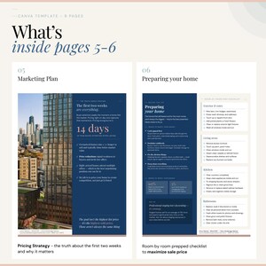 K&ouml;nnte beinhalten: Eine Canva-Vorlage mit den Seiten 5 und 6. Seite 5 tr&auml;gt den Titel &bdquo;Marketingplan&ldquo; und Seite 6 tr&auml;gt den Titel &bdquo;Ihr Zuhause vorbereiten&ldquo;. Der Marketingplan enth&auml;lt den Text &bdquo;Die ersten zwei Wochen sind alles&ldquo; und &bdquo;14 Tage&ldquo;.