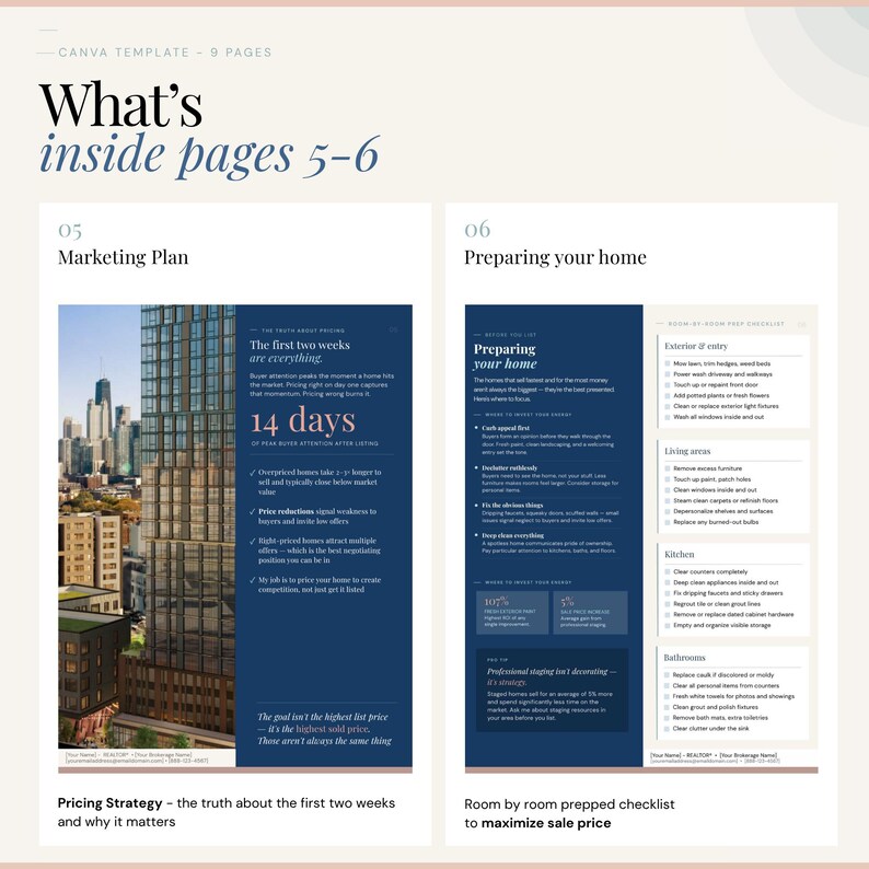 K&ouml;nnte beinhalten: Eine Canva-Vorlage mit den Seiten 5 und 6. Seite 5 tr&auml;gt den Titel &bdquo;Marketingplan&ldquo; und Seite 6 tr&auml;gt den Titel &bdquo;Ihr Zuhause vorbereiten&ldquo;. Der Marketingplan enth&auml;lt den Text &bdquo;Die ersten zwei Wochen sind alles&ldquo; und &bdquo;14 Tage&ldquo;.