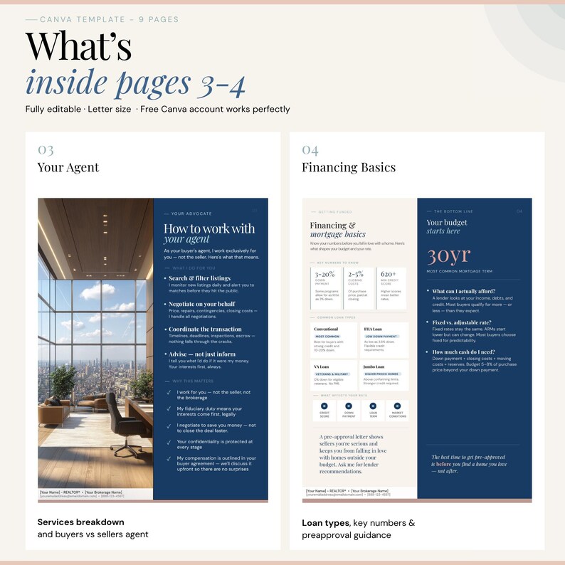 K&ouml;nnte beinhalten: Eine Canva-Vorlage mit dem Text &bdquo;What's inside pages 3-4&ldquo;. Sie zeigt Abschnitte zu &bdquo;Your Agent&ldquo; und &bdquo;Financing Basics&ldquo;. Das Design ist modern, mit Text und Grafiken, ideal f&uuml;r Immobilienratgeber.