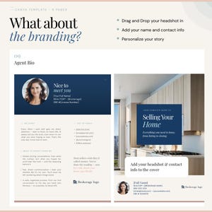K&ouml;nnte beinhalten: Eine Canva-Vorlagenseite mit der &Uuml;berschrift "What about the branding?" und dem Text "Agent Bio". Sie enth&auml;lt ein Foto einer Frau, Kontaktinformationen und einen Leitfaden mit dem Titel "Selling Your Home".