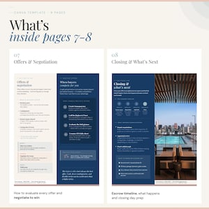 K&ouml;nnte beinhalten: Ein zweiseitiges Layout aus einer Canva-Vorlage mit dem Titel "What's inside pages 7-8". Seite 7 behandelt "Angebote & Verhandlung", w&auml;hrend Seite 8 "Abschluss & Was als N&auml;chstes" behandelt. Das Design hat ein sauberes Layout mit Text und Aufz&auml;hlungspunkten.