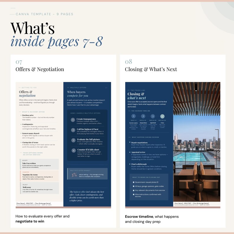 K&ouml;nnte beinhalten: Ein zweiseitiges Layout aus einer Canva-Vorlage mit dem Titel "What's inside pages 7-8". Seite 7 behandelt "Angebote & Verhandlung", w&auml;hrend Seite 8 "Abschluss & Was als N&auml;chstes" behandelt. Das Design hat ein sauberes Layout mit Text und Aufz&auml;hlungspunkten.