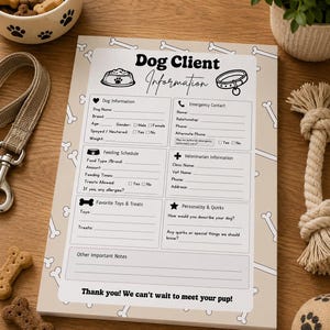 Può includere: Un blocco note beige per informazioni sui clienti canini con dettagli di ossa e impronte di zampe. Il blocco note include sezioni per informazioni sul cane, programma di alimentazione, giocattoli e dettagli del veterinario.